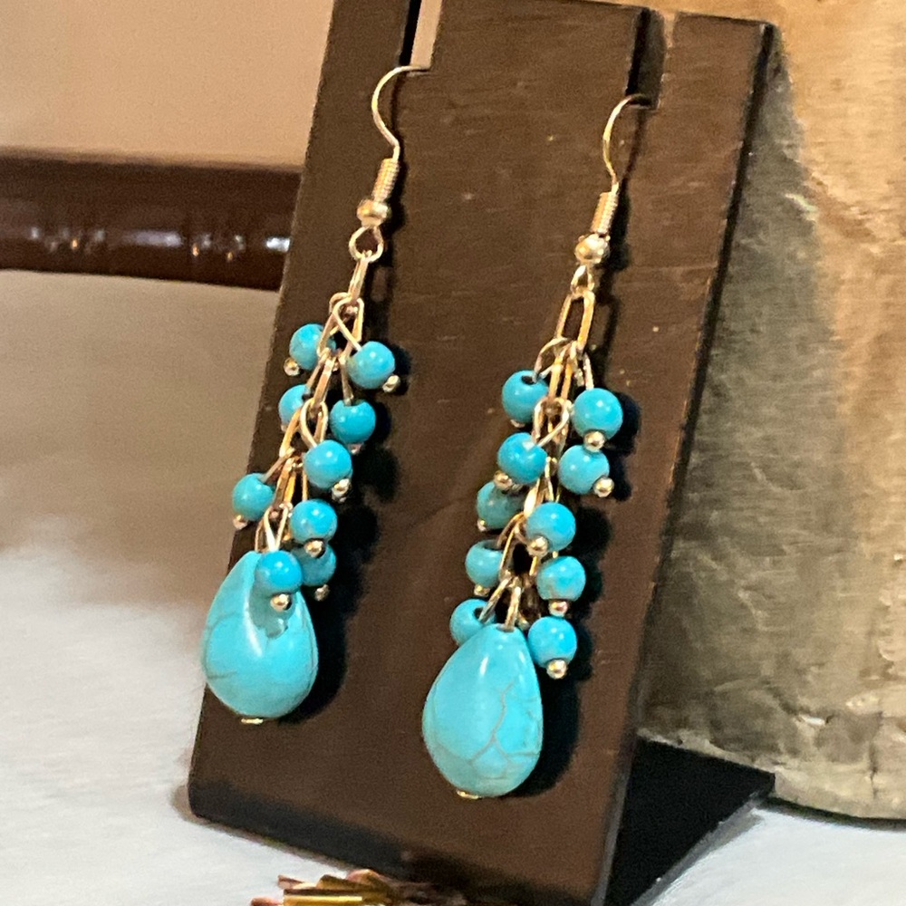 Turquoise and Gold Dangle Earrings - Picture 2 of 6